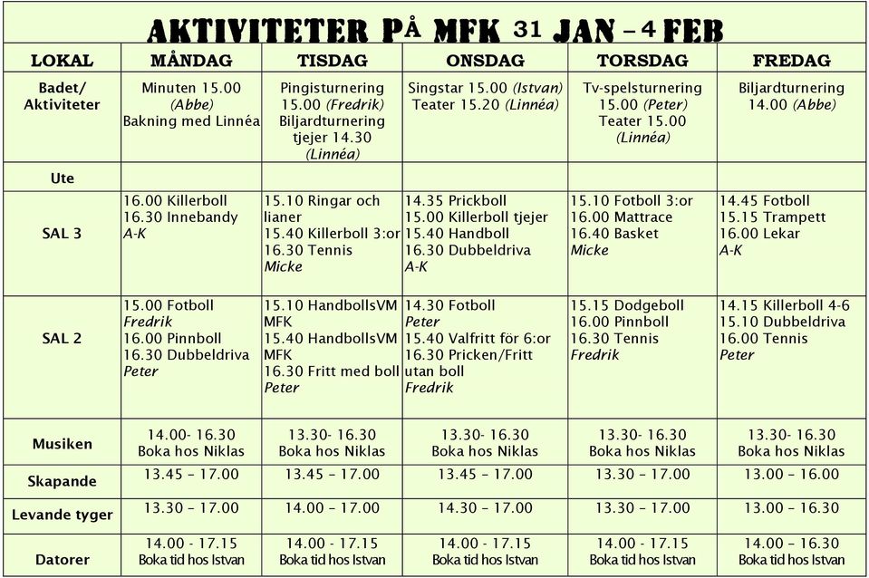 40 Handboll 16.30 Tennis 16.30 Dubbeldriva Micke A-K Tv-spelsturnering 15.00 () Teater 15.00 (Linnéa) 15.10 Fotboll 3:or 16.00 Mattrace 16.40 Basket Micke Biljardturnering 14.00 (Abbe) 14.