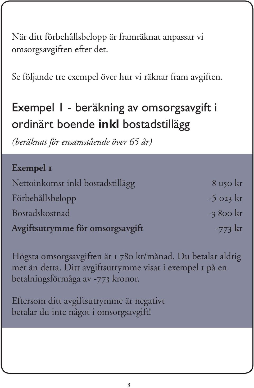 bostadstillägg Förbehållsbelopp Bostadskostnad Avgiftsutrymme för omsorgsavgift 8 050 kr -5 023 kr -3 800 kr -773 kr Högsta omsorgsavgiften är 1 780 kr/månad.