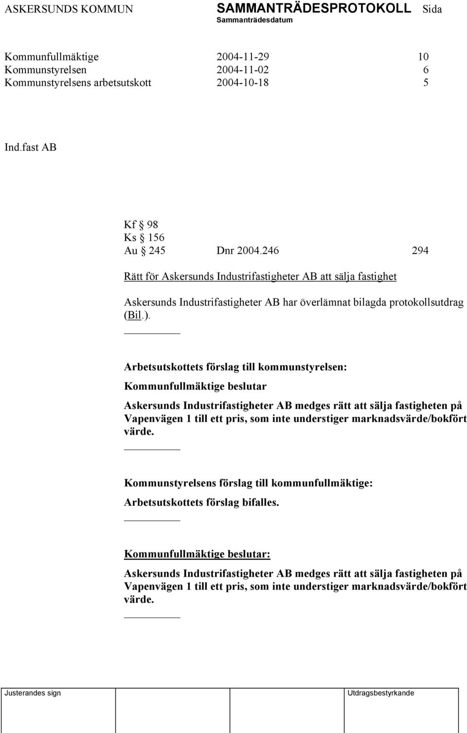 Arbetsutskottets förslag till kommunstyrelsen: Kommunfullmäktige beslutar Askersunds Industrifastigheter AB medges rätt att sälja fastigheten på Vapenvägen 1 till ett pris, som inte