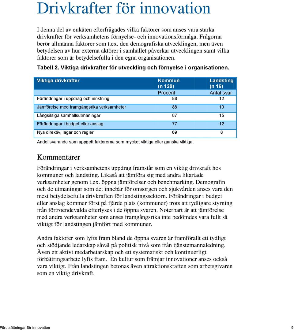 den demografiska utvecklingen, men även betydelsen av hur externa aktörer i samhället påverkar utvecklingen samt vilka faktorer som är betydelsefulla i den egna organisationen. Tabell 2.