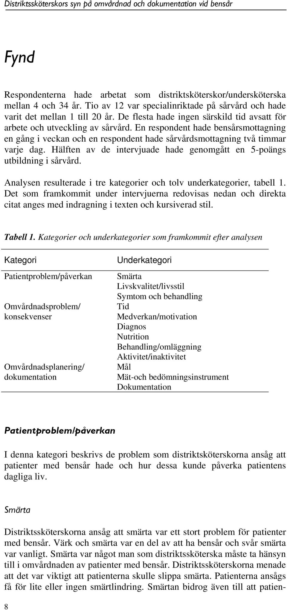 Hälften av de intervjuade hade genomgått en 5-poängs utbildning i sårvård. Analysen resulterade i tre kategorier och tolv underkategorier, tabell 1.