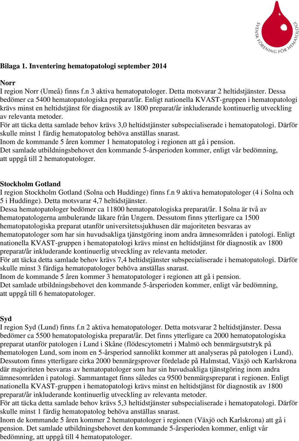 Enligt nationella KVAST-gruppen i hematopatologi krävs minst en heltidstjänst för diagnostik av 1800 preparat/år inkluderande kontinuerlig utveckling av relevanta metoder.