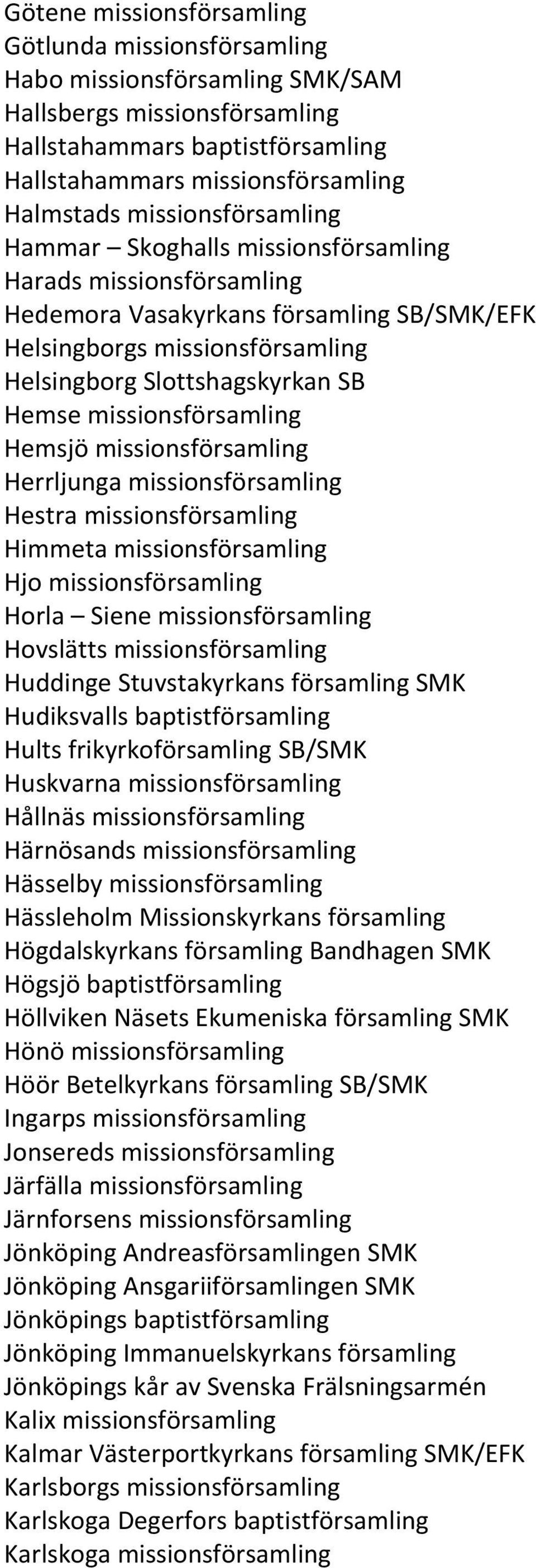 missionsförsamling Hemsjö missionsförsamling Herrljunga missionsförsamling Hestra missionsförsamling Himmeta missionsförsamling Hjo missionsförsamling Horla Siene missionsförsamling Hovslätts