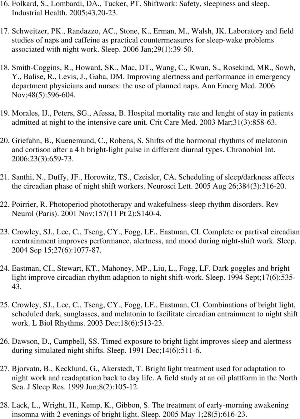 , Mac, DT., Wang, C., Kwan, S., Rosekind, MR., Sowb, Y., Balise, R., Levis, J., Gaba, DM. Improving alertness and performance in emergency department physicians and nurses: the use of planned naps.