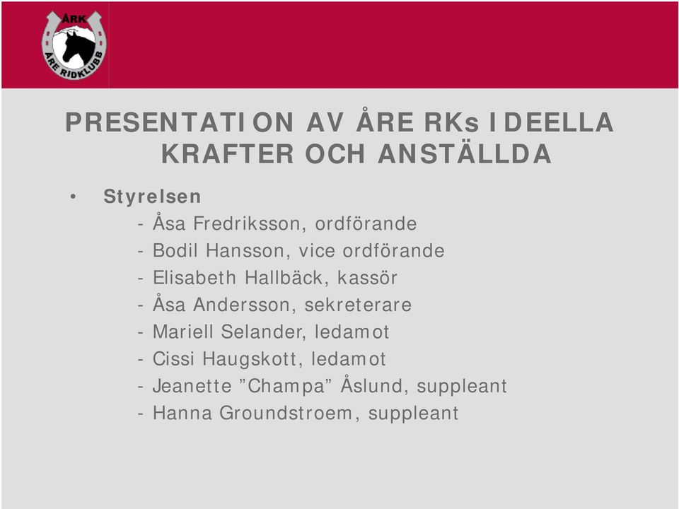 Hallbäck, kassör - Åsa Andersson, sekreterare - Mariell Selander, ledamot -