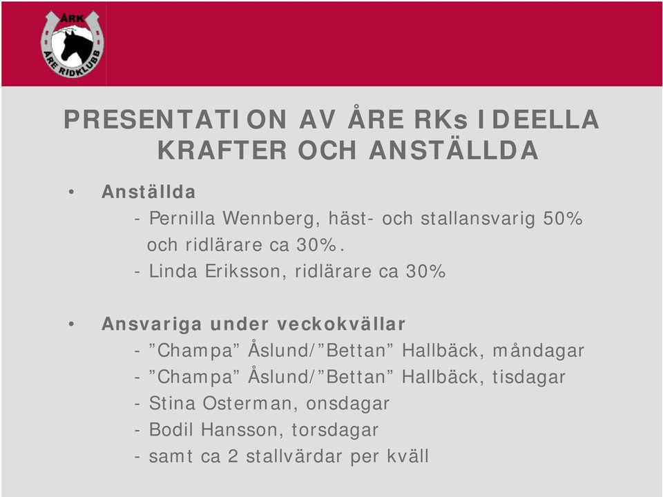 - Linda Eriksson, ridlärare ca 30% Ansvariga under veckokvällar - Champa Åslund/ Bettan