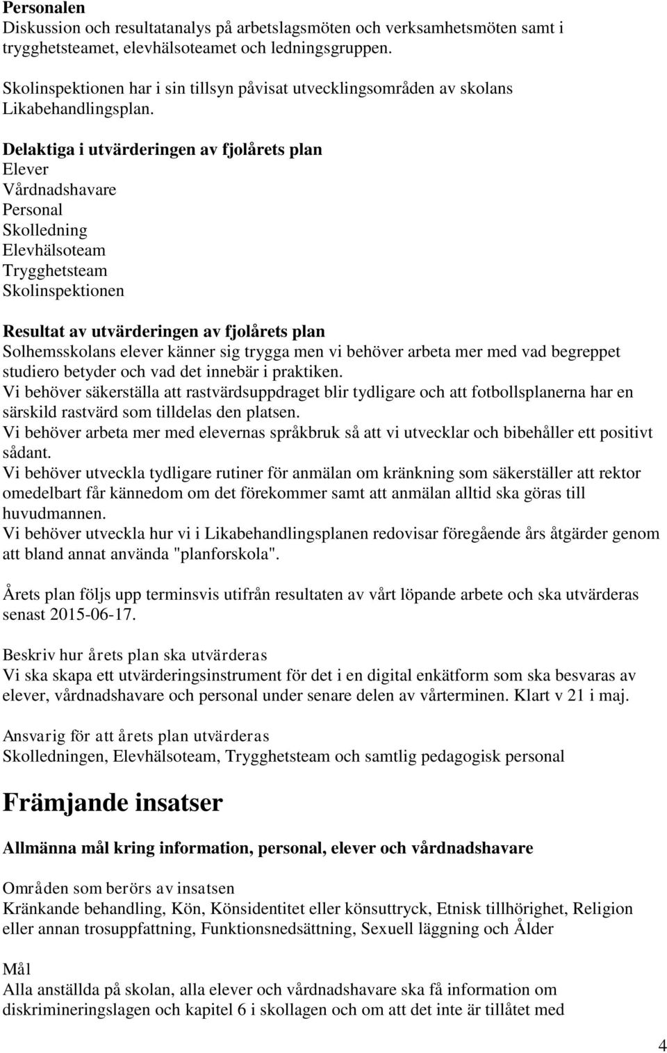 Delaktiga i utvärderingen av fjolårets plan Elever Vårdnadshavare Personal Skolledning Elevhälsoteam Trygghetsteam Skolinspektionen Resultat av utvärderingen av fjolårets plan Solhemsskolans elever