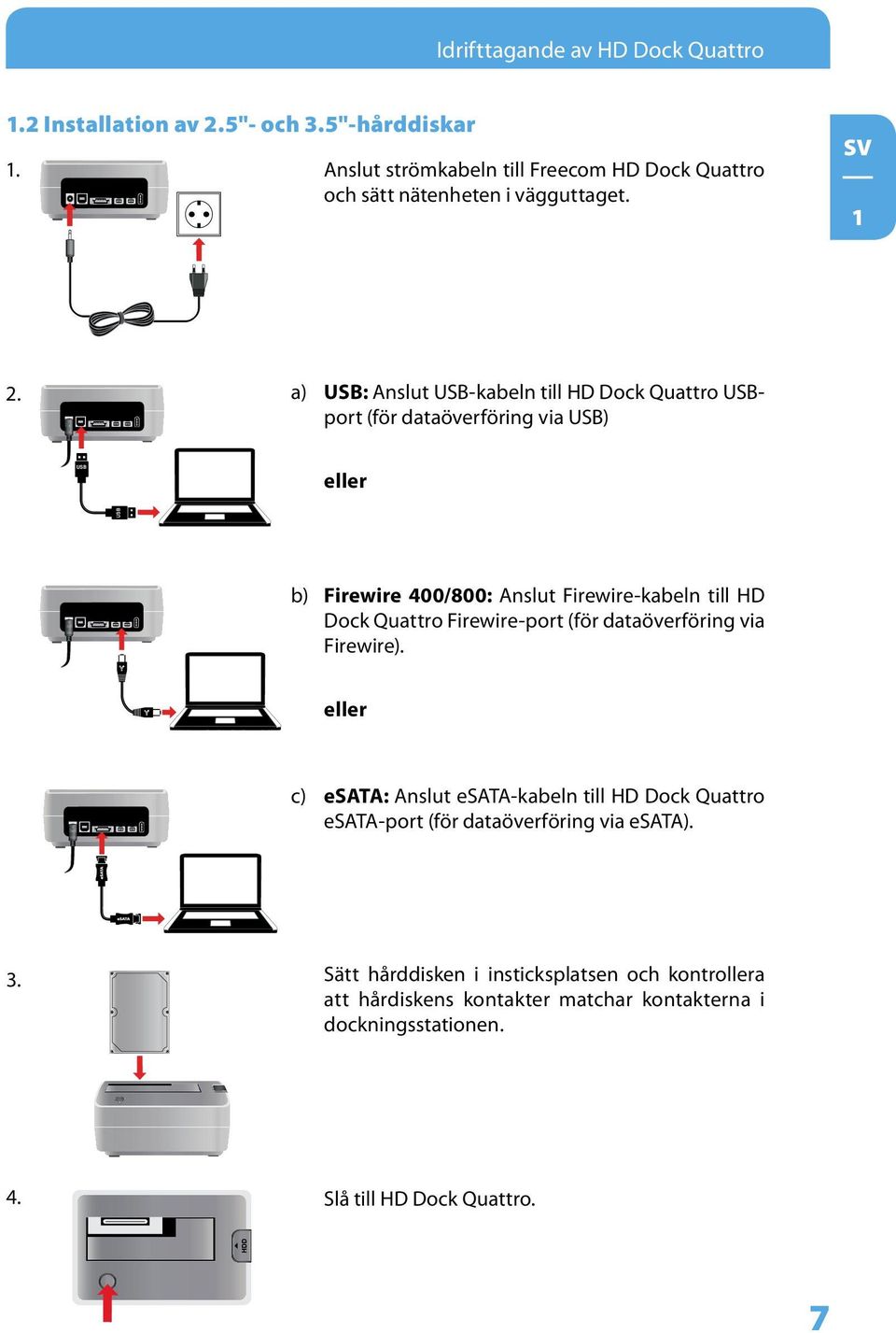 a) USB: Anslut USB-kabeln till HD Dock Quattro USBport (för dataöverföring via USB) USB eller USB b) Firewire 400/800: Anslut Firewire-kabeln till HD Dock