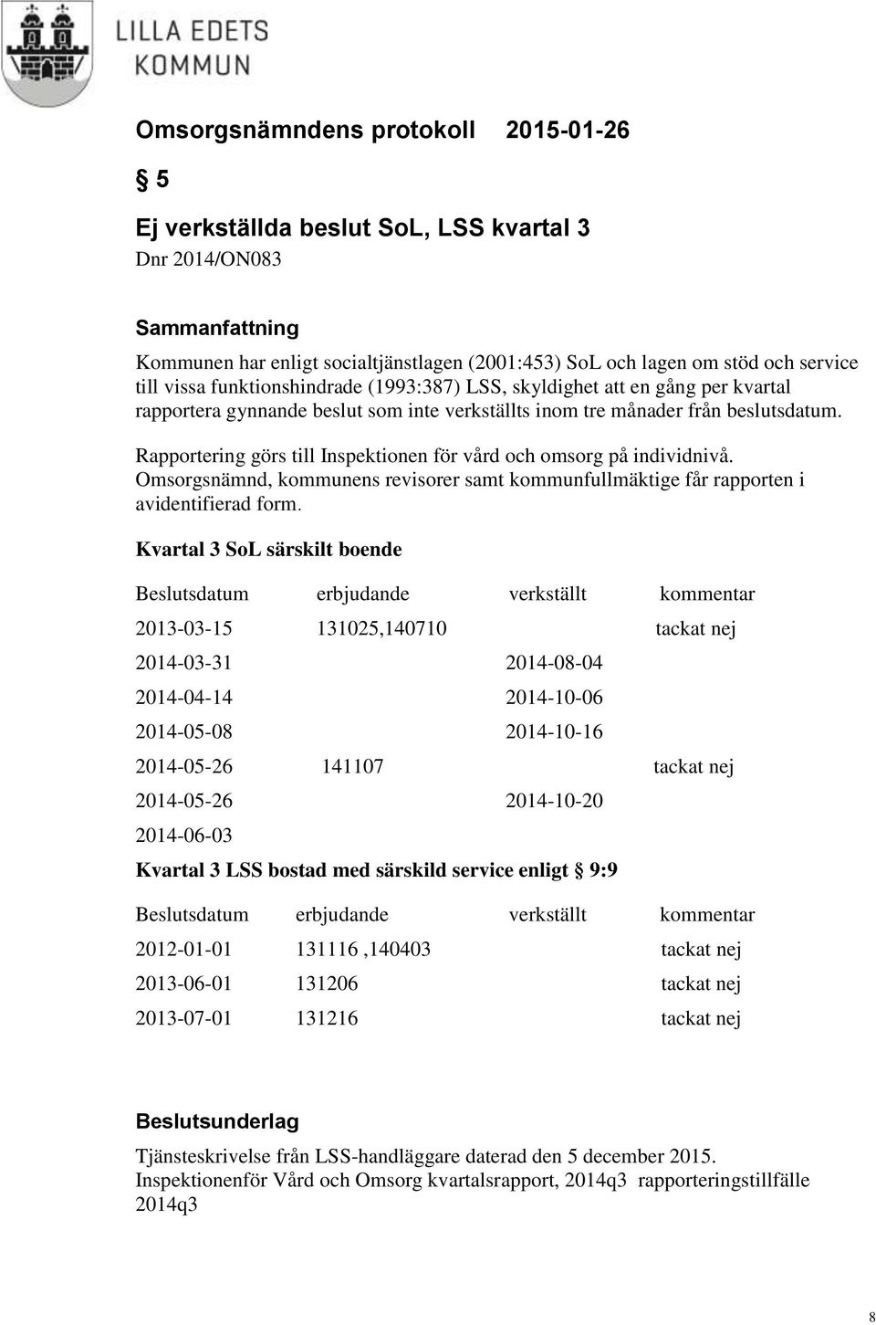 Omsorgsnämnd, kommunens revisorer samt kommunfullmäktige får rapporten i avidentifierad form.