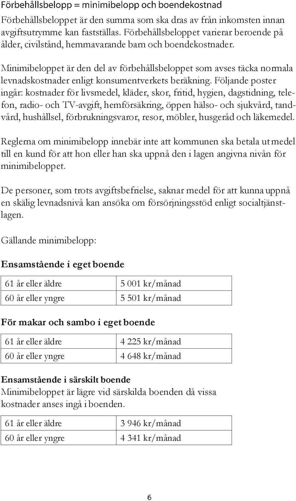 Följande poster ingår: kostnader för livsmedel, kläder, skor, fritid, hygien, dagstidning, telefon, radio- och TV-avgift, hemförsäkring, öppen hälso- och sjukvård, tandvård, hushållsel,