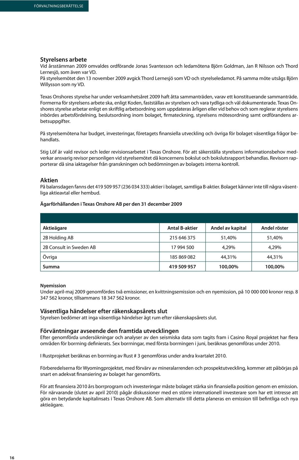 Texas Onshores styrelse har under verksamhetsåret 2009 haft åtta sammanträden, varav ett konstituerande sammanträde.