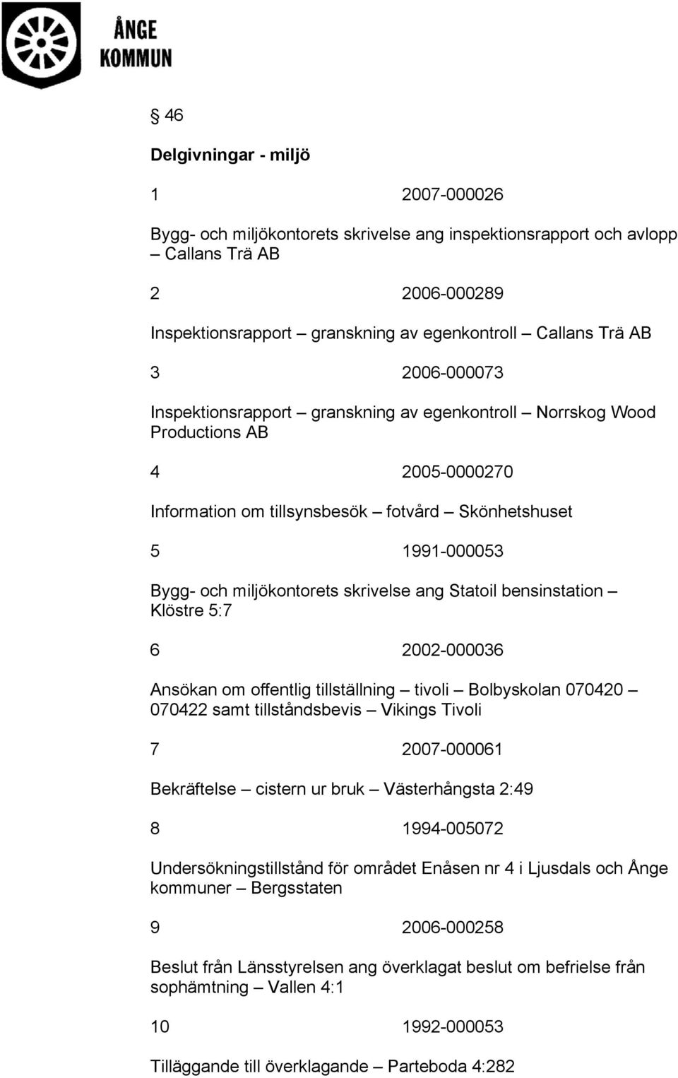 skrivelse ang Statoil bensinstation Klöstre 5:7 6 2002-000036 Ansökan om offentlig tillställning tivoli Bolbyskolan 070420 070422 samt tillståndsbevis Vikings Tivoli 7 2007-000061 Bekräftelse cistern