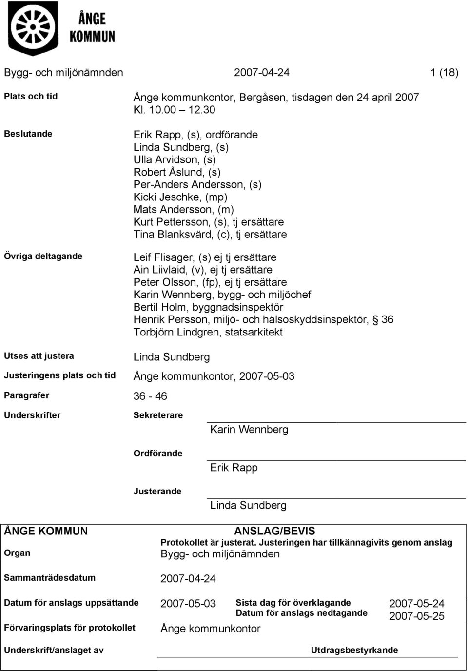 (s), tj ersättare Tina Blanksvärd, (c), tj ersättare Leif Flisager, (s) ej tj ersättare Ain Liivlaid, (v), ej tj ersättare Peter Olsson, (fp), ej tj ersättare Karin Wennberg, bygg- och miljöchef