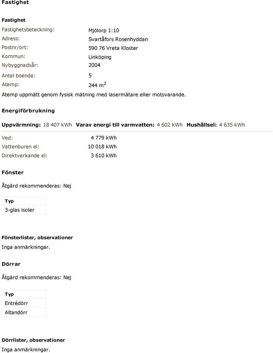 Energiförbrukning Uppvärmning: 18 407 kwh Varav energi till varmvatten: 4 602 kwh Hushållsel: 4 635 kwh Ved: Vattenburen el: Direktverkande el: 4 779 kwh 10