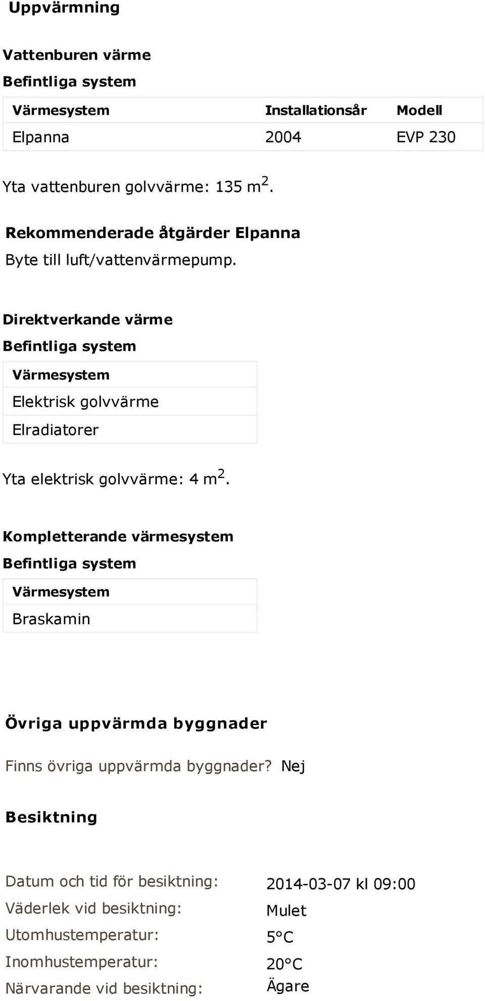 Direktverkande värme Befintliga system Värmesystem Elektrisk golvvärme Elradiatorer Yta elektrisk golvvärme: 4 m 2.