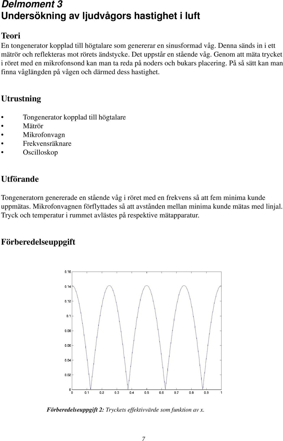 Utrustning Tongenerator kopplad till högtalare Mätrör Mikrofonvagn Frekvensräknare Oscilloskop Utförande Tongeneratorn genererade en stående våg i röret med en frekvens så att fem minima kunde