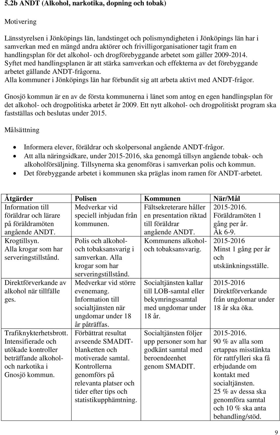 Syftet med handlingsplanen är att stärka samverkan och effekterna av det förebyggande arbetet gällande ANDT-frågorna.