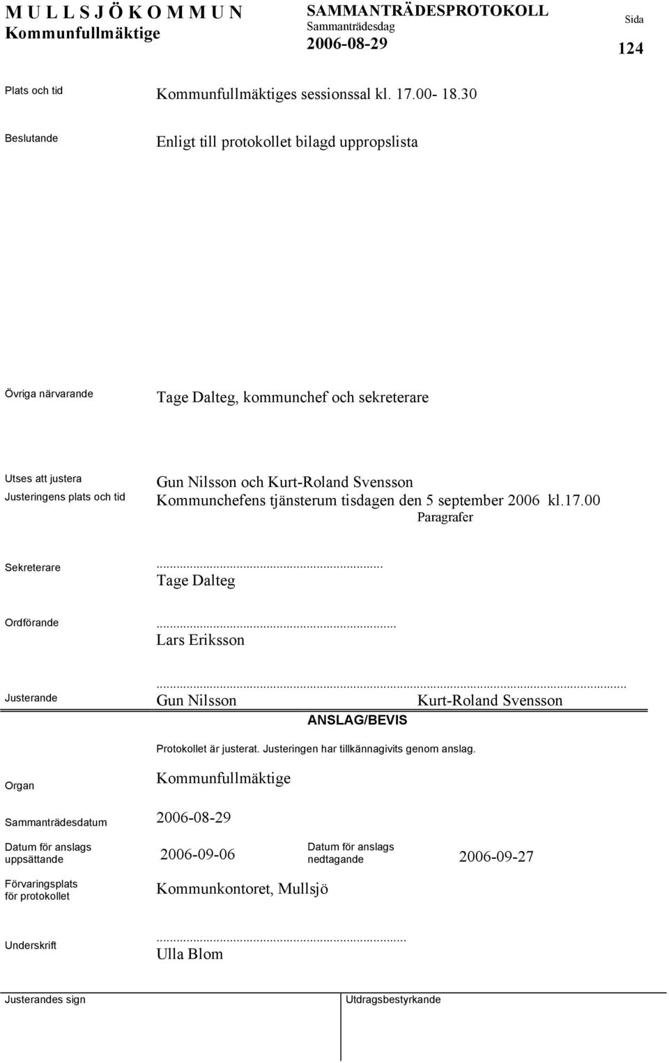 Kurt-Roland Svensson Kommunchefens tjänsterum tisdagen den 5 september 2006 kl.17.00 Paragrafer Sekreterare... Tage Dalteg Ordförande... Lars Eriksson Justerande.