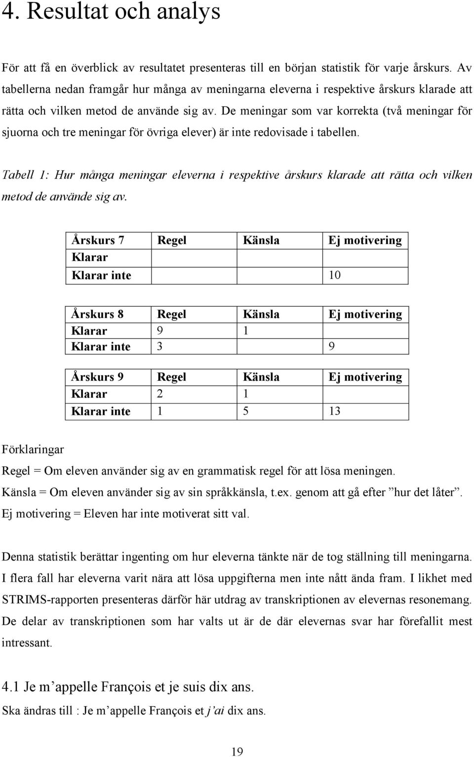 De meningar som var korrekta (två meningar för sjuorna och tre meningar för övriga elever) är inte redovisade i tabellen.