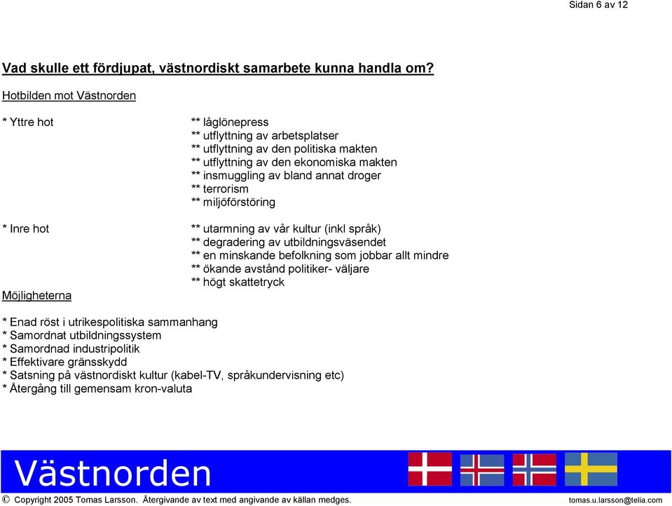 droger ** terrorism ** miljöförstöring * Inre hot ** utarmning av vår kultur (inkl språk) ** degradering av utbildningsväsendet ** en minskande befolkning som jobbar allt mindre **