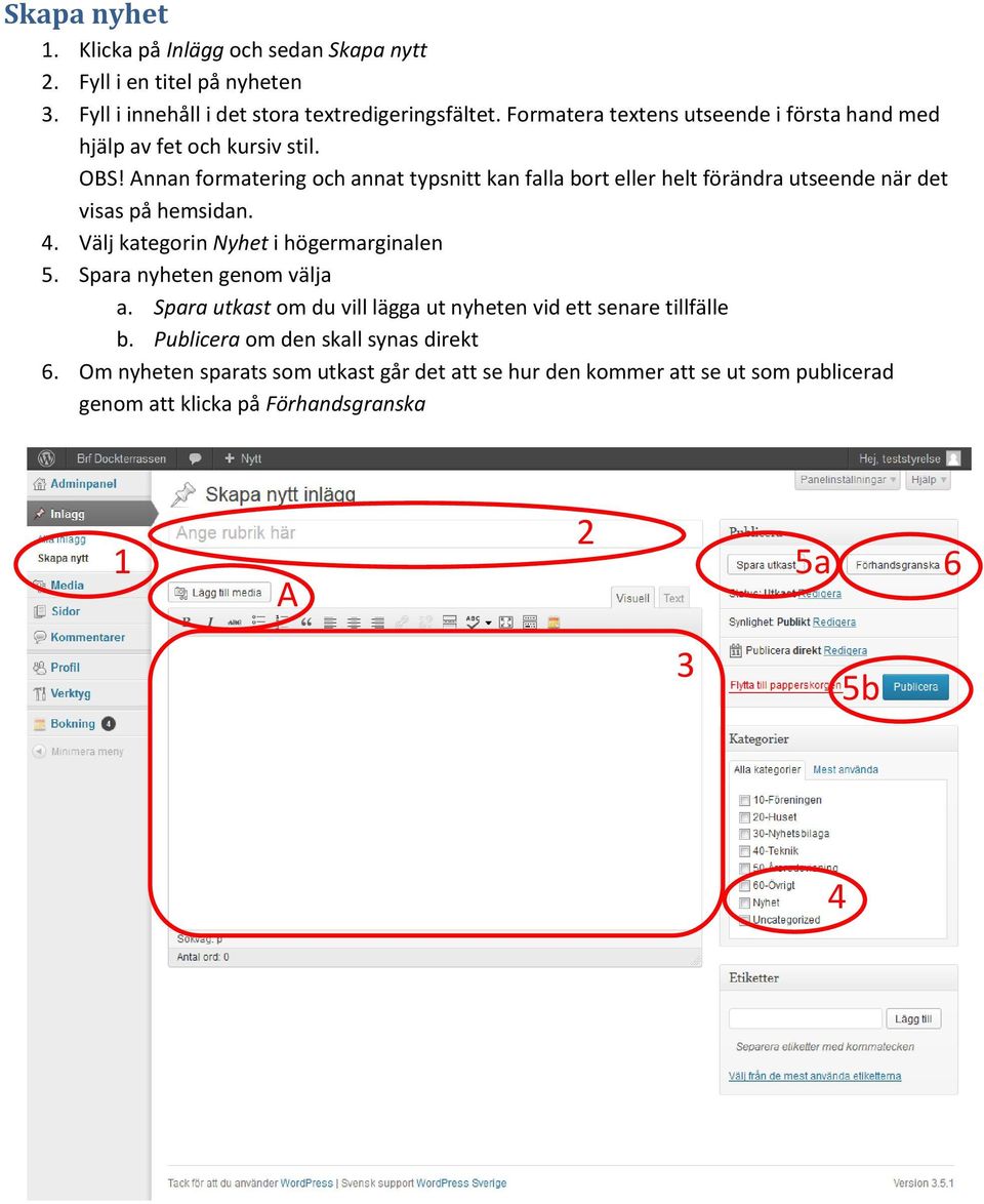 Annan formatering och annat typsnitt kan falla bort eller helt förändra utseende när det visas på hemsidan. 4. Välj kategorin Nyhet i högermarginalen 5.