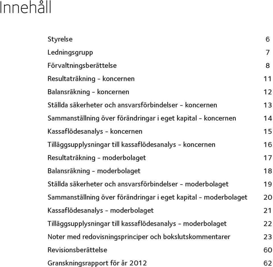 Ställda säkerheter och ansvarsförbindelser - moderbolaget Sammanställning över förändringar i eget kapital - moderbolaget Kassaflödesanalys - moderbolaget Tilläggsupplysningar till