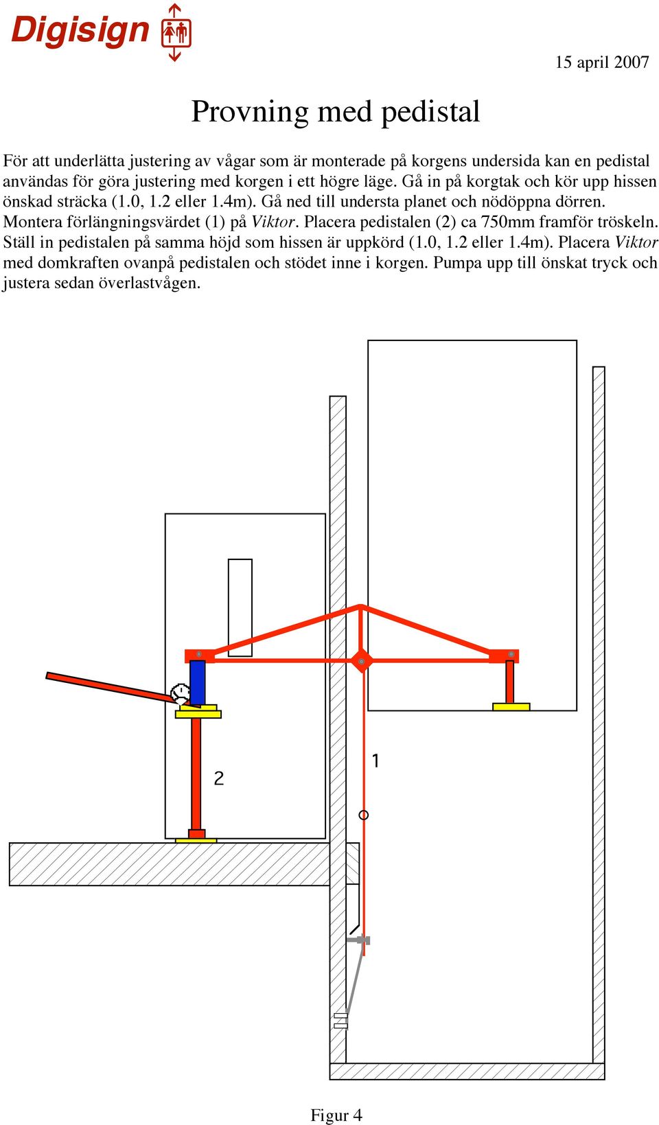 Montera förlängningsvärdet (1) på Viktor. Placera pedistalen (2) ca 750mm framför tröskeln. Ställ in pedistalen på samma höjd som hissen är uppkörd (1.