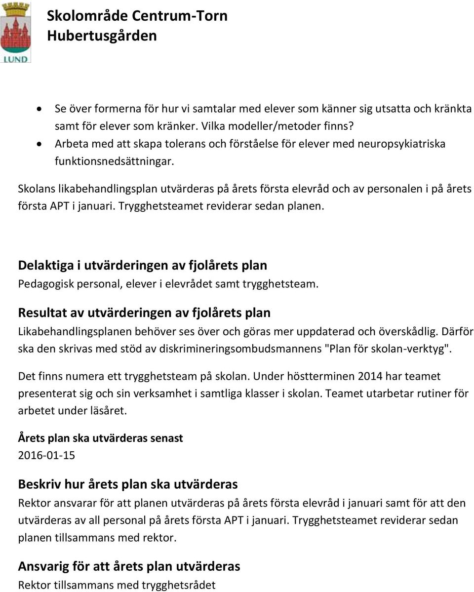 Skolans likabehandlingsplan utvärderas på årets första elevråd och av personalen i på årets första APT i januari. Trygghetsteamet reviderar sedan planen.