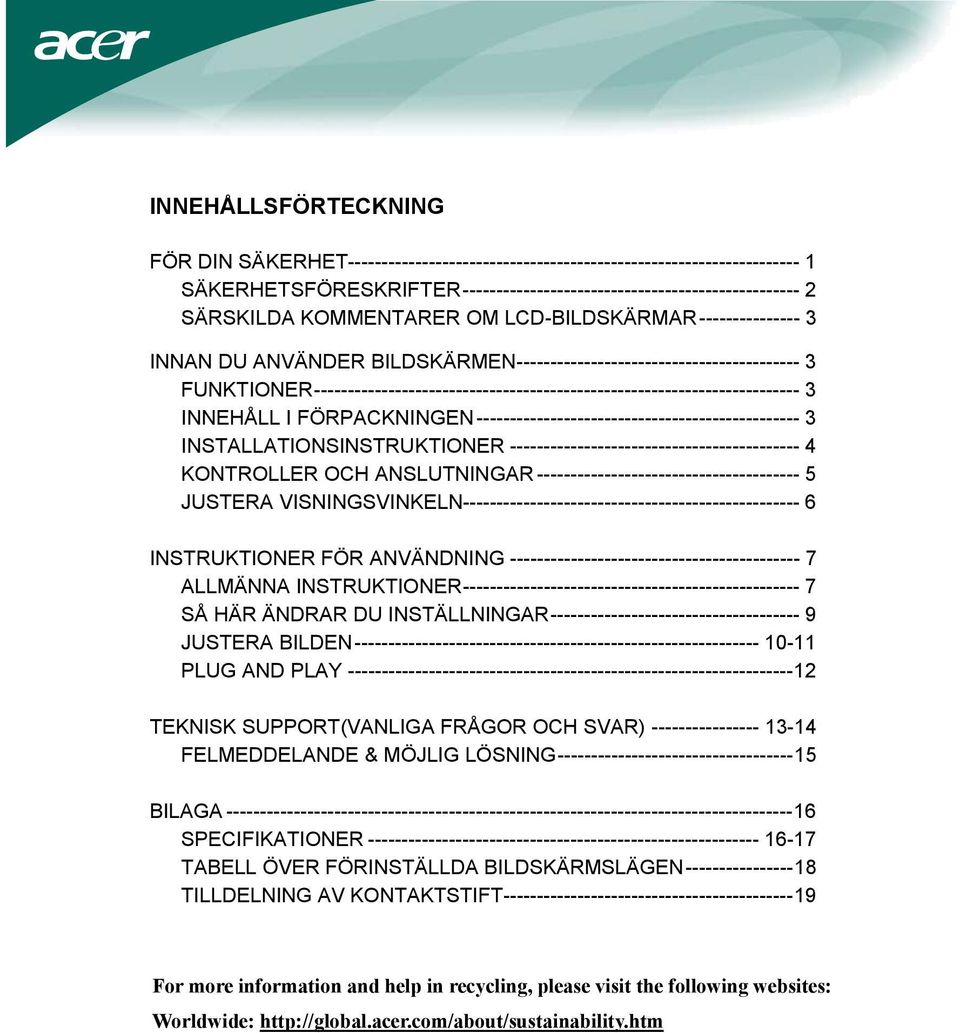 FUNKTIONER------------------------------------------------------------------------ 3 INNEHÅLL I FÖRPACKNINGEN------------------------------------------------ 3 INSTALLATIONSINSTRUKTIONER