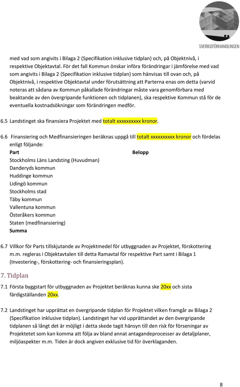 förutsättning att Parterna enas om detta (varvid noteras att sådana av Kommun påkallade förändringar måste vara genomförbara med beaktande av den övergripande funktionen och tidplanen), ska