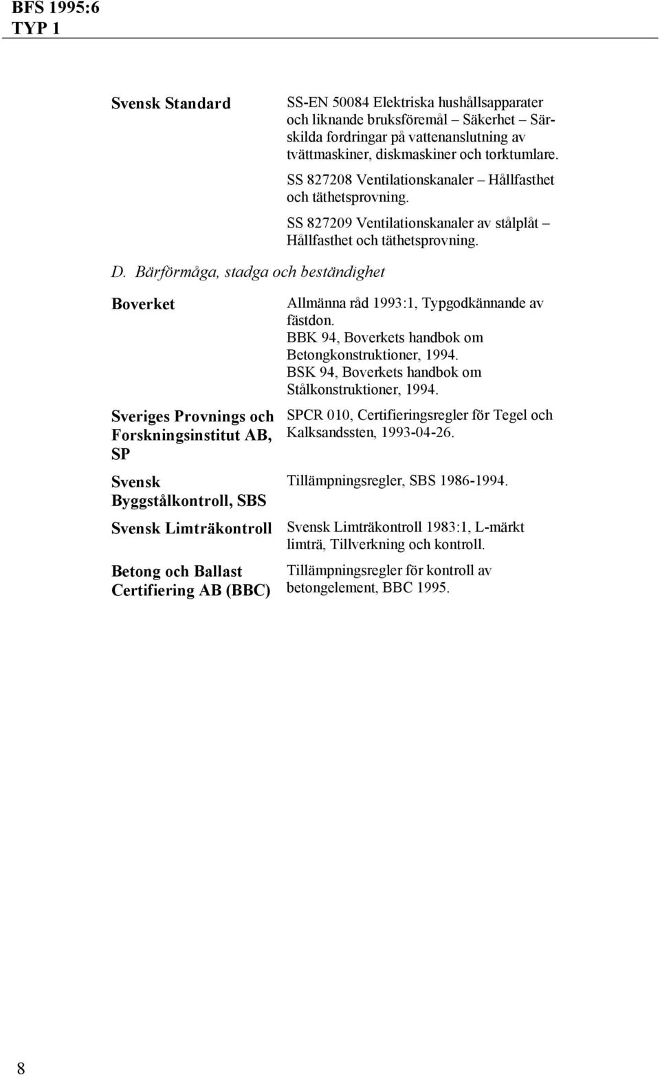 Bärförmåga, stadga och beständighet Sveriges Provnings och Forskningsinstitut AB, SP Svensk Byggstålkontroll, SBS Allmänna råd 1993:1, Typgodkännande av fästdon.