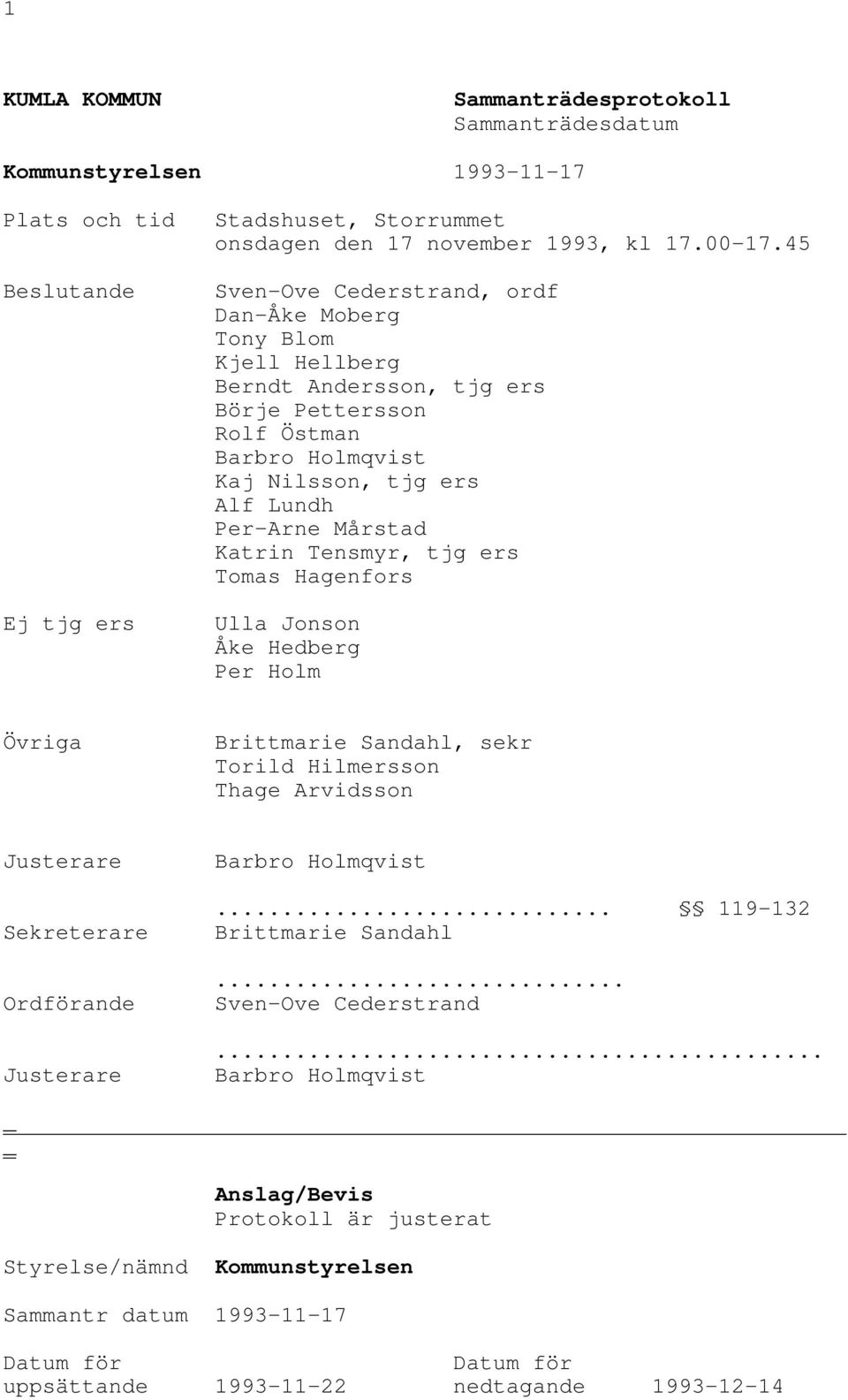 Tensmyr, tjg ers Tomas Hagenfors Ulla Jonson Åke Hedberg Per Holm Övriga Brittmarie Sandahl, sekr Torild Hilmersson Thage Arvidsson Justerare Sekreterare Ordförande Justerare Barbro Holmqvist.