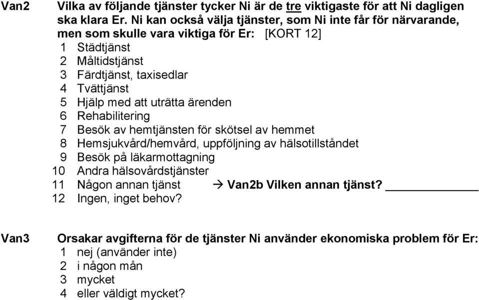 5 Hjälp med att uträtta ärenden 6 Rehabilitering 7 Besök av hemtjänsten för skötsel av hemmet 8 Hemsjukvård/hemvård, uppföljning av hälsotillståndet 9 Besök på