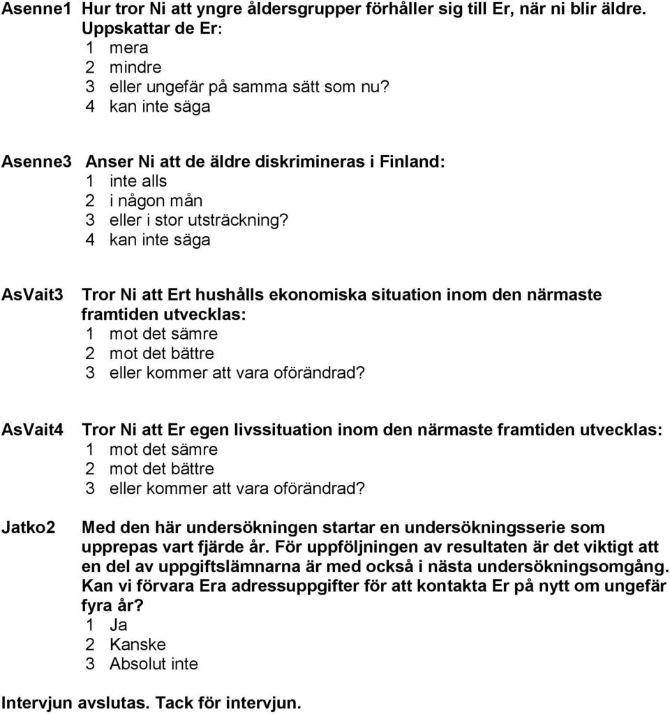 4 kan inte säga AsVait3 Tror Ni att Ert hushålls ekonomiska situation inom den närmaste framtiden utvecklas: 1 mot det sämre 2 mot det bättre 3 eller kommer att vara oförändrad?