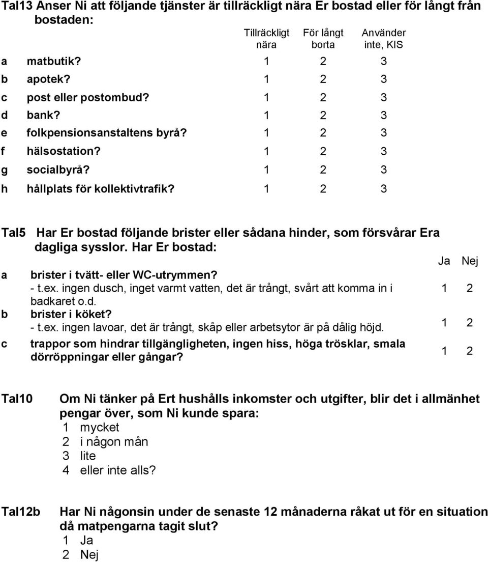 1 2 3 Tal5 Har Er bostad följande brister eller sådana hinder, som försvårar Era dagliga sysslor. Har Er bostad: a b c brister i tvätt- eller WC-utrymmen? - t.ex.