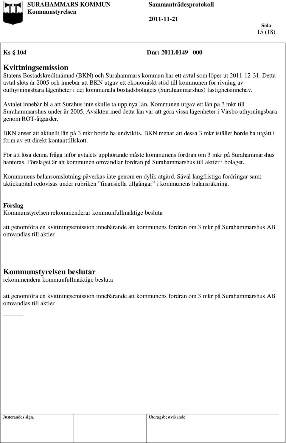 Avtalet innebär bl a att Surahus inte skulle ta upp nya lån. Kommunen utgav ett lån på 3 mkr till Surahammarshus under år 2005.