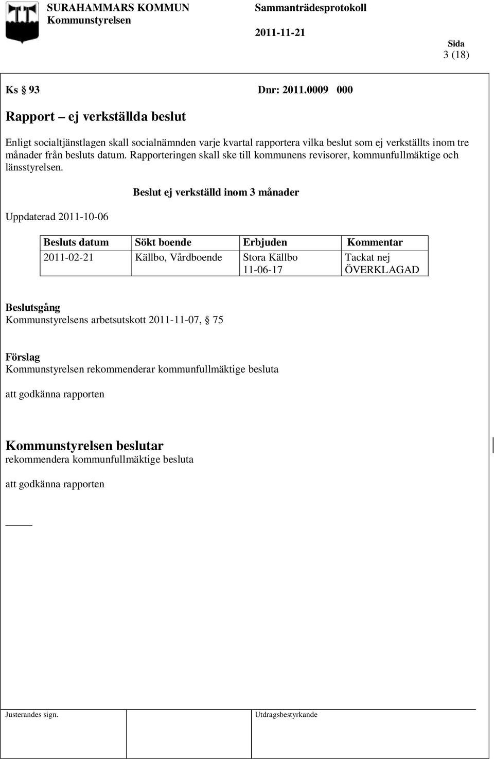 tre månader från besluts datum. Rapporteringen skall ske till kommunens revisorer, kommunfullmäktige och länsstyrelsen.