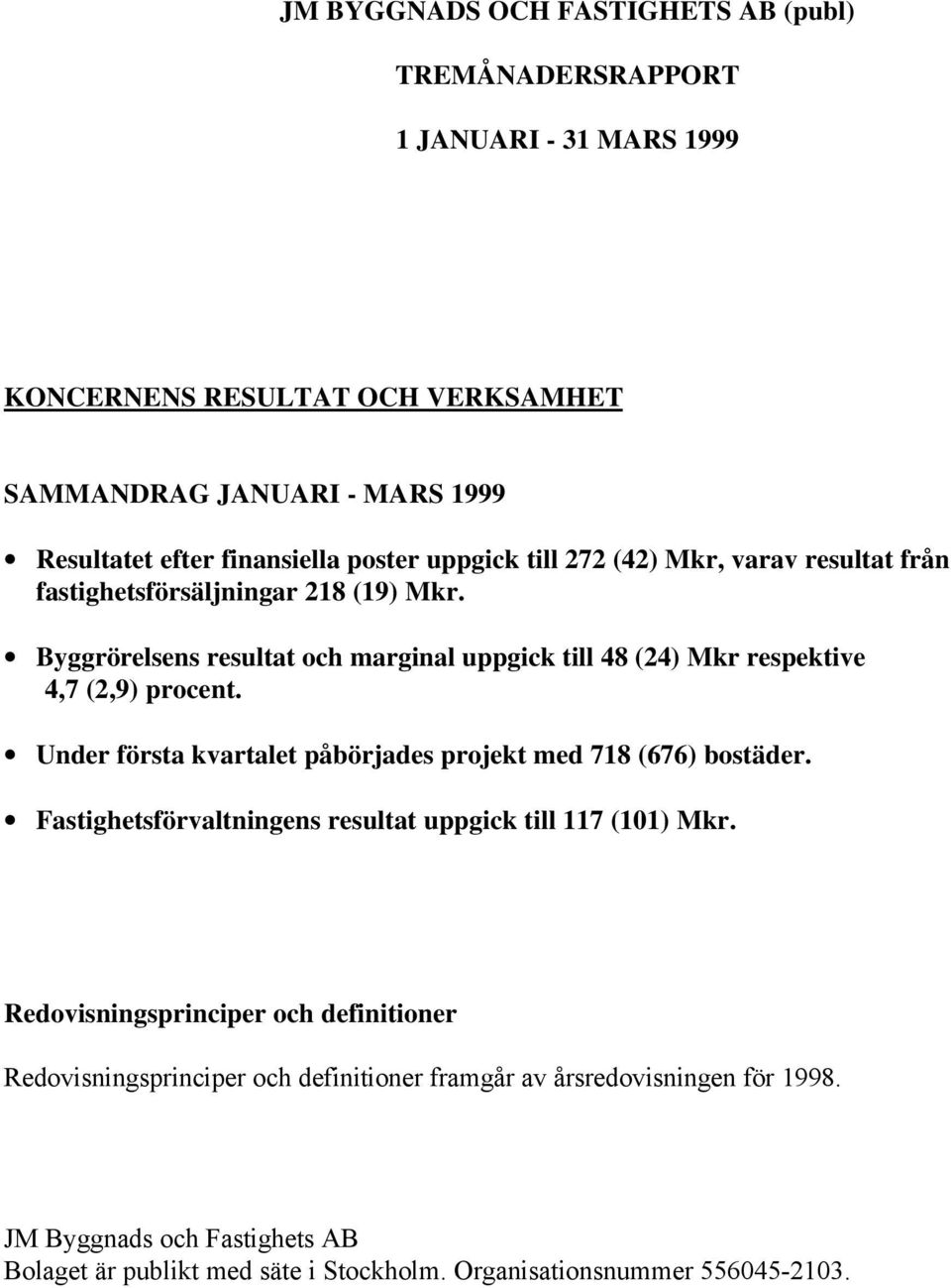 Byggrörelsens resultat och marginal uppgick till 48 (24) Mkr respektive 4,7 (2,9) procent. Under första kvartalet påbörjades projekt med 718 (676) bostäder.