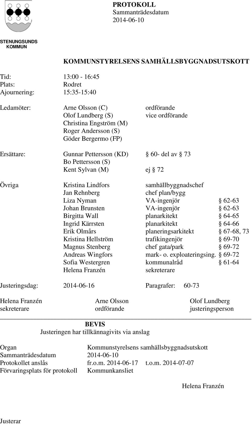 chef plan/bygg Liza Nyman VA-ingenjör 62-63 Johan Brunsten VA-ingenjör 62-63 Birgitta Wall planarkitekt 64-65 Ingrid Kärrsten planarkitekt 64-66 Erik Olmårs planeringsarkitekt 67-68, 73 Kristina