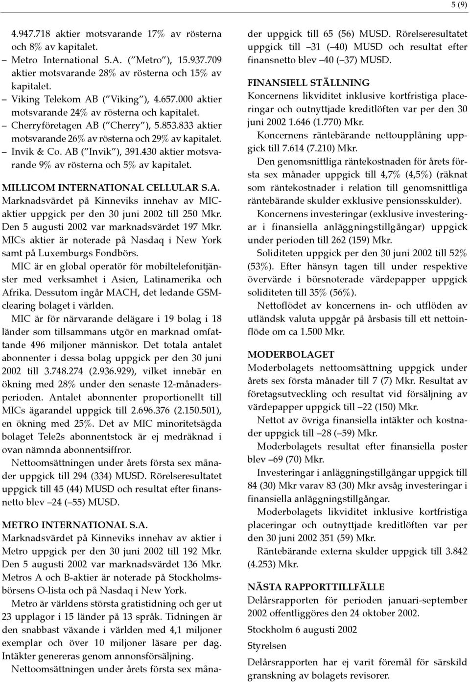 AB ( Invik ), 391.430 aktier motsvarande 9% av rösterna och 5% av kapitalet. MILLICOM INTERNATIONAL CELLULAR S.A. Marknadsvärdet på Kinneviks innehav av MICaktier uppgick per den 30 juni 2002 till 250 Mkr.