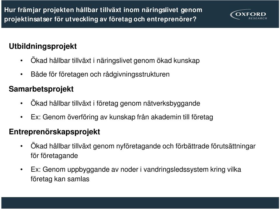 hållbar tillväxt i företag genom nätverksbyggande Ex: Genom överföring av kunskap från akademin till företag Entreprenörskapsprojekt Ökad