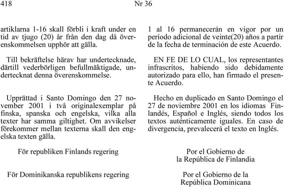 Upprättad i Santo Domingo den 27 november 2001 i två originalexemplar på finska, spanska och engelska, vilka alla texter har samma giltighet.