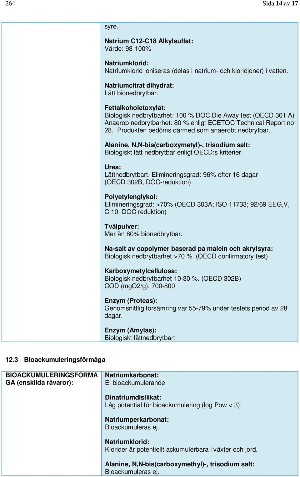 Alanine, N,N-bis(carboxymetyl)-, trisodium salt: Biologiskt lätt nedbrytbar enligt OECD:s kriterier. Urea: Lättnedbrytbart.