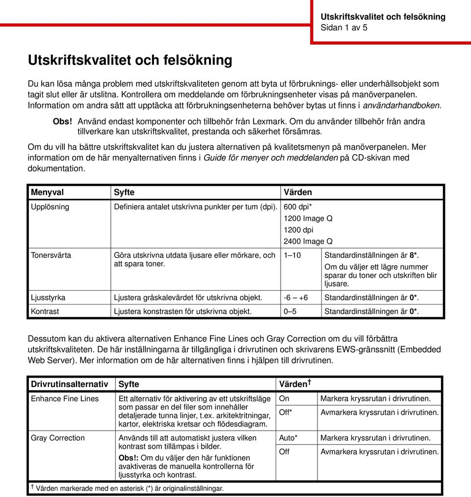 Information om andra sätt att upptäcka att förbrukningsenheterna behöver bytas ut finns i användarhandboken. Obs! Använd endast komponenter och tillbehör från Lexmark.