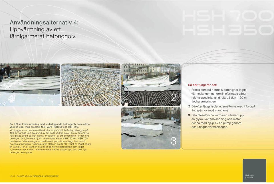Problemet är att armeringen för den nya betongen är 1,20 meter tjock. Även detta klarar HSH 350 och HSH 700 med glans: Värmeslangarna med isoleringsmattorna läggs helt enkelt ovanpå armeringen.