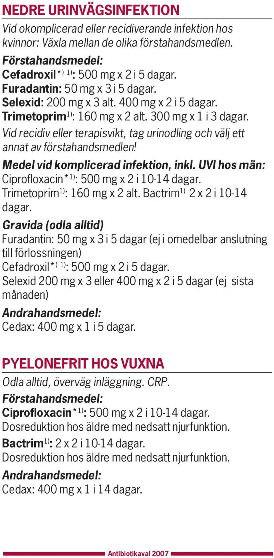 300 mg x 1 i 3 Vid recidiv eller terapisvikt, tag urinodling och välj ett annat av förstahandsmedlen! Medel vid komplicerad infektion, inkl.