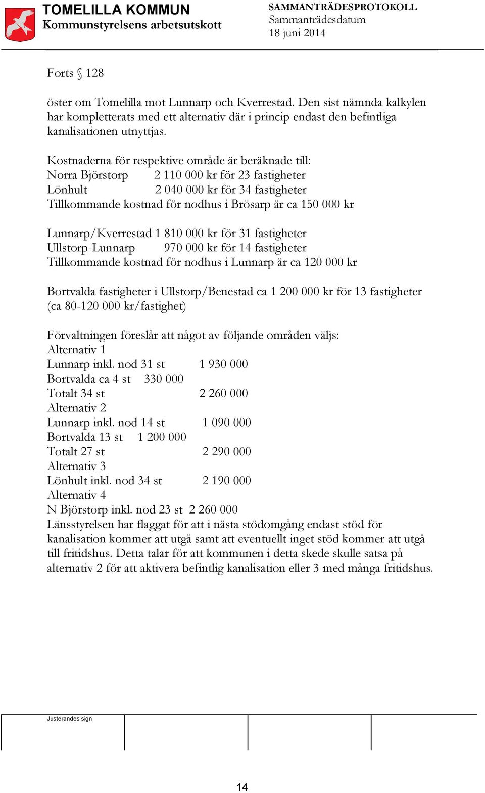 Lunnarp/Kverrestad 1 810 000 kr för 31 fastigheter Ullstorp-Lunnarp 970 000 kr för 14 fastigheter Tillkommande kostnad för nodhus i Lunnarp är ca 120 000 kr Bortvalda fastigheter i Ullstorp/Benestad