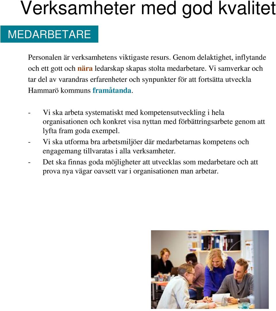 Vi samverkar och tar del av varandras erfarenheter och synpunkter för att fortsätta utveckla Hammarö kommuns framåtanda.