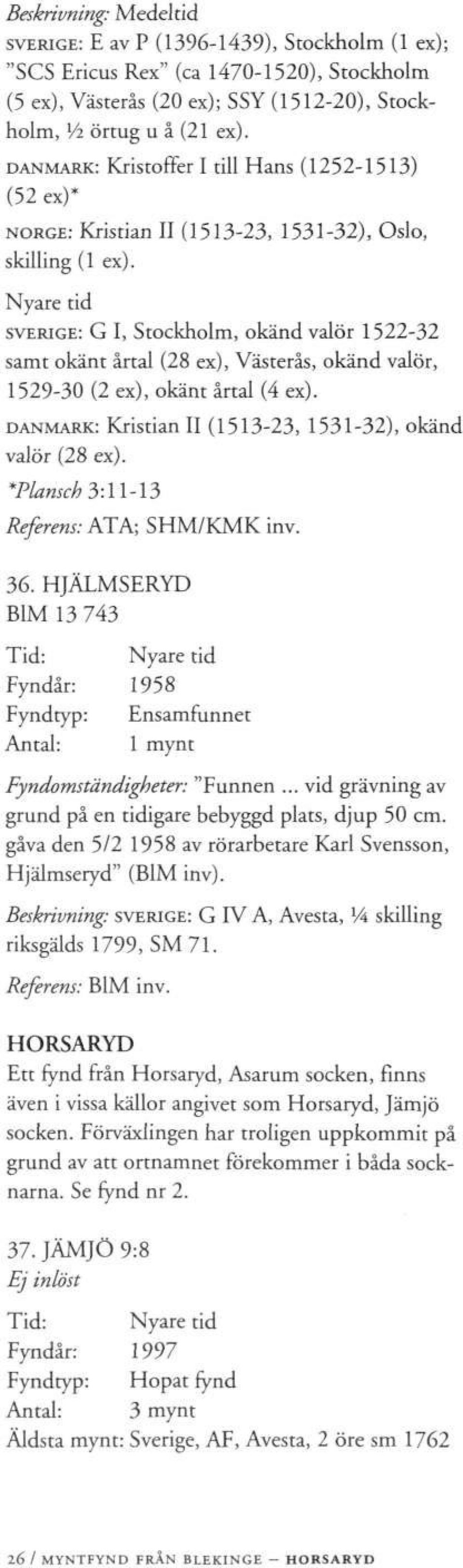 SVERIGE: G I, Stockholm, okänd valör 1522-32 samt okänt årtal (28 ex), Västerås, okänd valör, 1529-30 (2 ex), okänt årtal (4 ex). DANMARK: Kristian II (1513-23, 1531-32), okänd valör (28 ex).