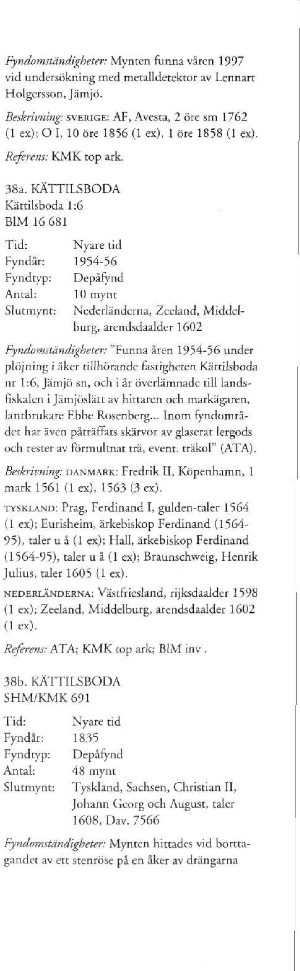 KÄTTILSBODA Kättilsboda 1:6 B1M 16 681 Tid: Fyndår: Fyndtyp: Antal: Slutmynt: 1954-56 Depåfynd 10 mynt Nederländerna, Zeeland, Middelburg, arendsdaalder 1602 Fyndomständigheter: "Funna åren 1954-56